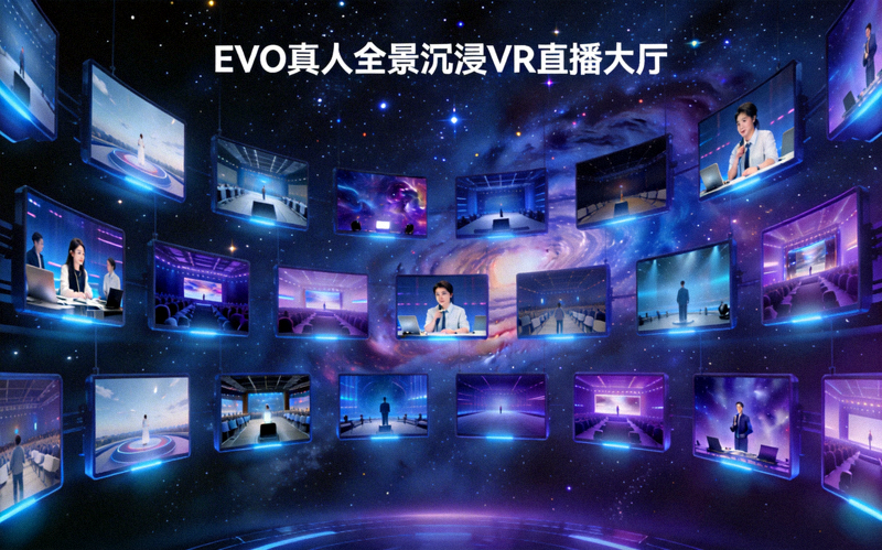 EVO真人全景沉浸VR直播大厅视觉概念图 - 多视角悬浮屏幕与星空背景